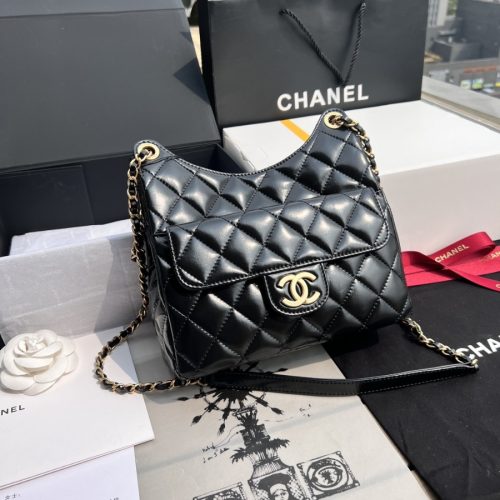 Chanel Hobo Bag - Black Shiny Crinkled Calfskin | Gold Hardware