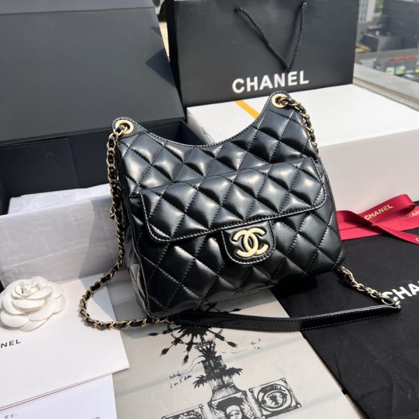 Chanel Hobo Bag - Black Shiny Crinkled Calfskin | Gold Hardware